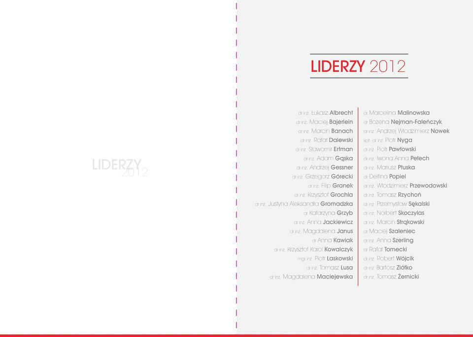 Krzysztof Karol Kowalczyk mgr inż. Piotr Laskowski dr inż. Tomasz Lusa dr inż. Magdalena Maciejewska dr Marcelina Malinowska dr Bożena Nejman-Faleńczyk dr inż. Andrzej Włodzimierz Nowek kpt. dr inż. Piotr Nyga dr inż.