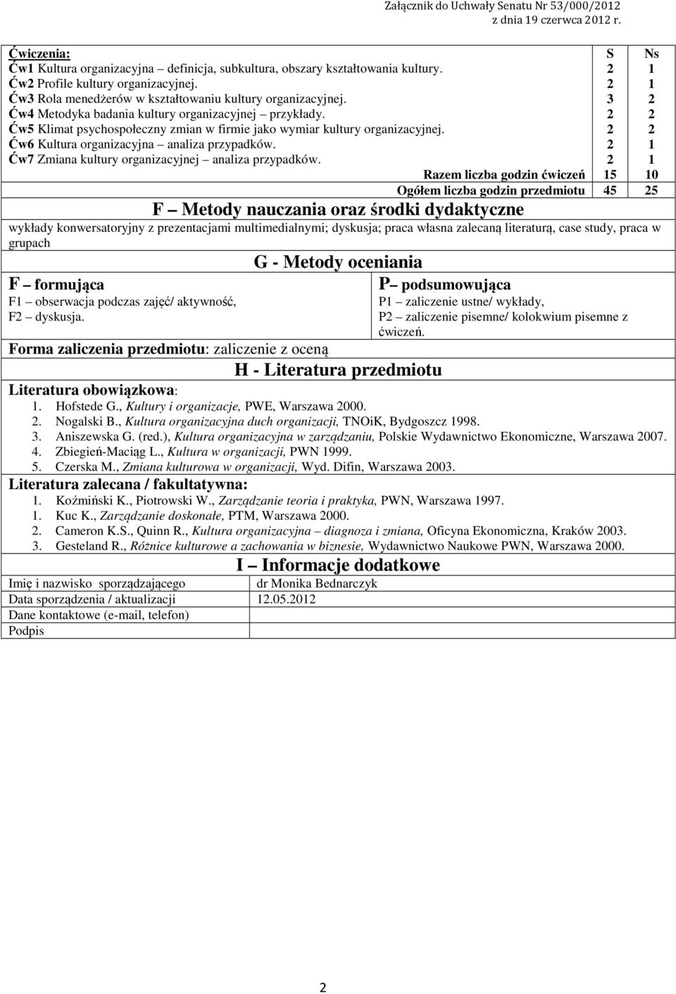 Ćw7 Zmiana kultury organizacyjnej analiza przypadków. Załącznik do Uchwały Senatu Nr 5/000/0 z dnia 9 czerwca 0 r.