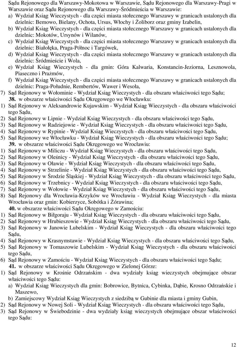 Warszawy w granicach ustalonych dla dzielnic: Mokotów, Ursynów i Wilanów, c) Wydział Ksiąg Wieczystych - dla części miasta stołecznego Warszawy w granicach ustalonych dla dzielnic: Białołęka,