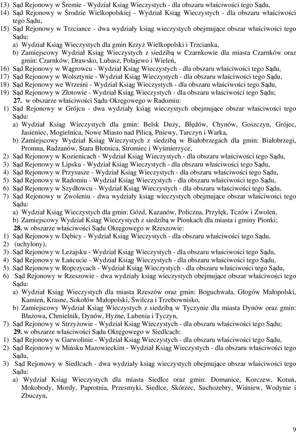 z siedzibą w Czarnkowie dla miasta Czarnków oraz gmin: Czarnków, Drawsko, Lubasz, Połajewo i Wieleń, 16) Sąd Rejonowy w Wągrowcu - Wydział Ksiąg Wieczystych - dla obszaru właściwości tego 17) Sąd