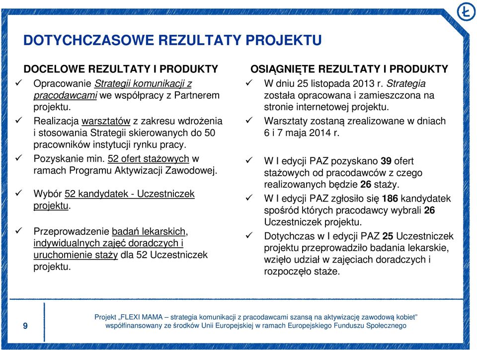 Wybór 52 kandydatek - Uczestniczek projektu. Przeprowadzenie badań lekarskich, indywidualnych zajęć doradczych i uruchomienie staży dla 52 Uczestniczek projektu.