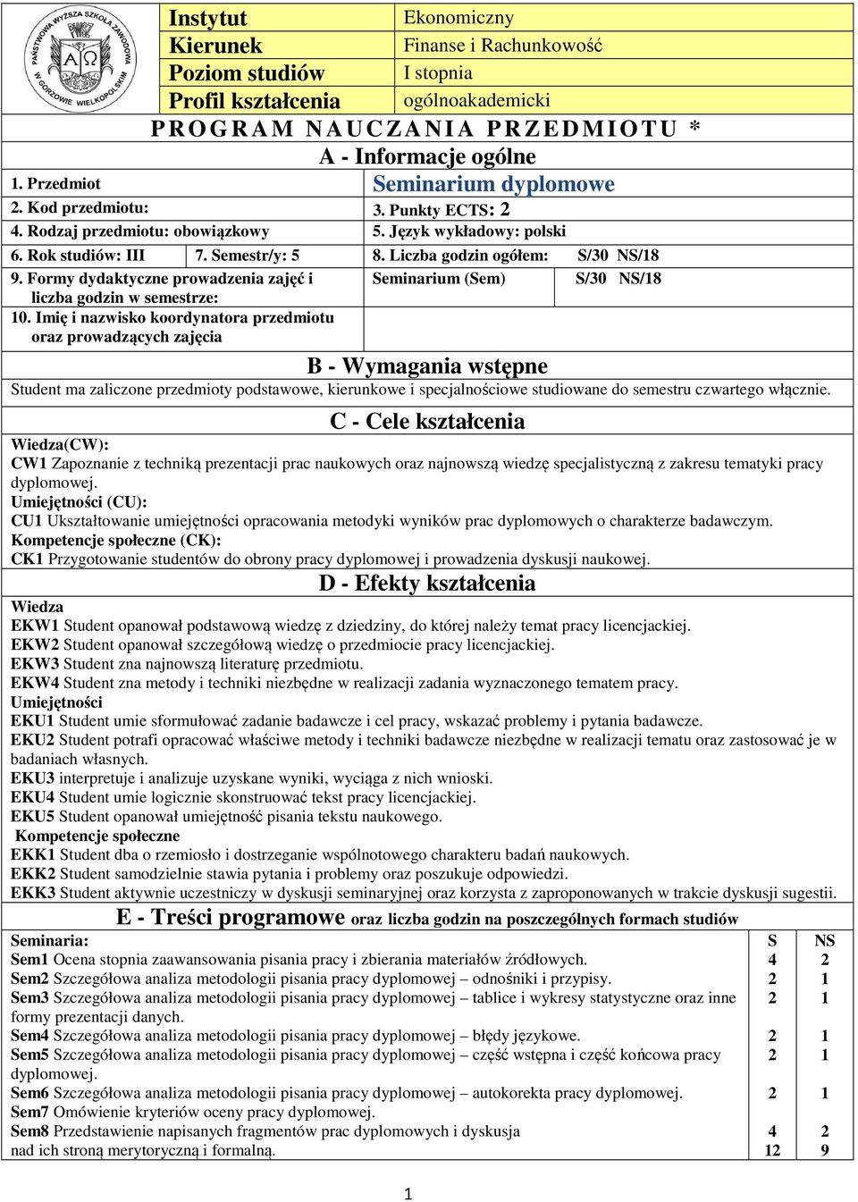 Formy dydaktyczne prowadzenia zajęć i liczba godzin w semestrze: Seminarium (Sem) S/30 NS/8 0.