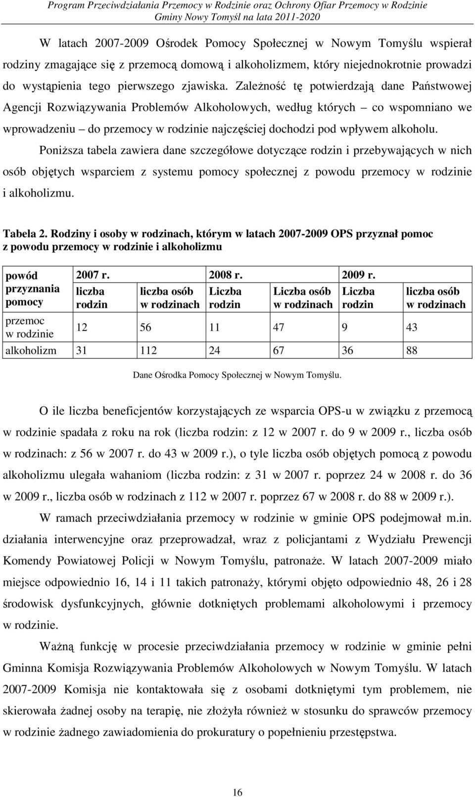 PoniŜsza tabela zawiera dane szczegółowe dotyczące rodzin i przebywających w nich osób objętych wsparciem z systemu pomocy społecznej z powodu przemocy w rodzinie i alkoholizmu. Tabela 2.