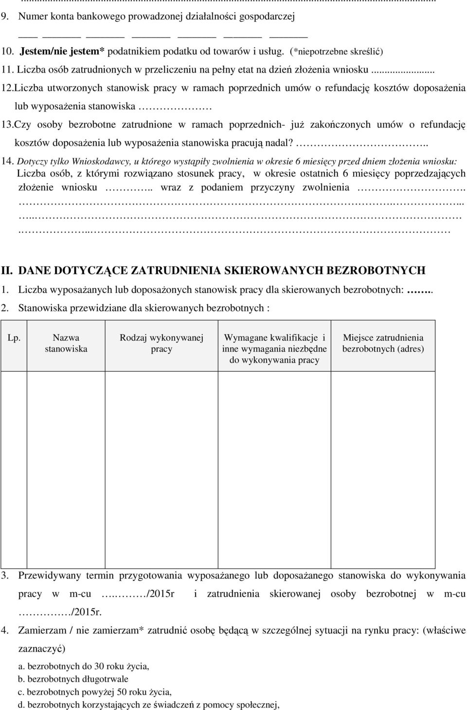Liczba utworzonych stanowisk pracy w ramach poprzednich umów o refundację kosztów doposaŝenia lub wyposaŝenia stanowiska 13.