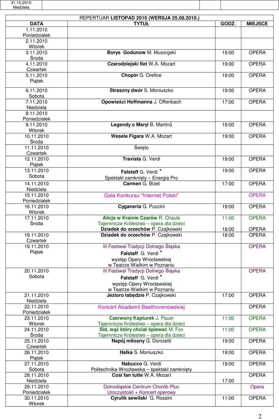 11.2010 28.11.2010 29.11.2010 30.11.2010 Straszny dwór S. Moniuszko Opowieści Hoffmanna J. Offenbach 17:00 Legendy o Maryi B. Martinů Wesele Figara W.A. Mozart Święto Traviata G. Verdi Falstaff G.