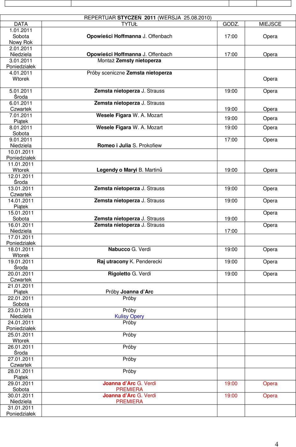 01.2011 Legendy o Maryi B. Martinů 12.01.2011 13.01.2011 Zemsta nietoperza J. Strauss 14.01.2011 Zemsta nietoperza J. Strauss 15.01.2011 Zemsta nietoperza J. Strauss 16.01.2011 Zemsta nietoperza J. Strauss 17:00 17.