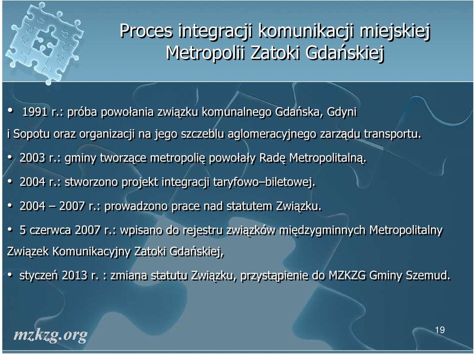 : gminy tworzące metropolię powołały Radę Metropolitalną. 2004 r.: stworzono projekt integracji taryfowo biletowej. 2004 2007 r.