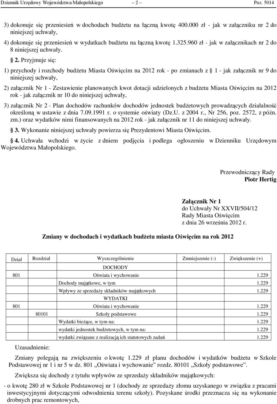 do niniejszej uchwały, 4) dokonuje się przeniesień w wydatkach budżetu na łączną kwotę 1.325.960 zł - jak w załącznikach nr 2 