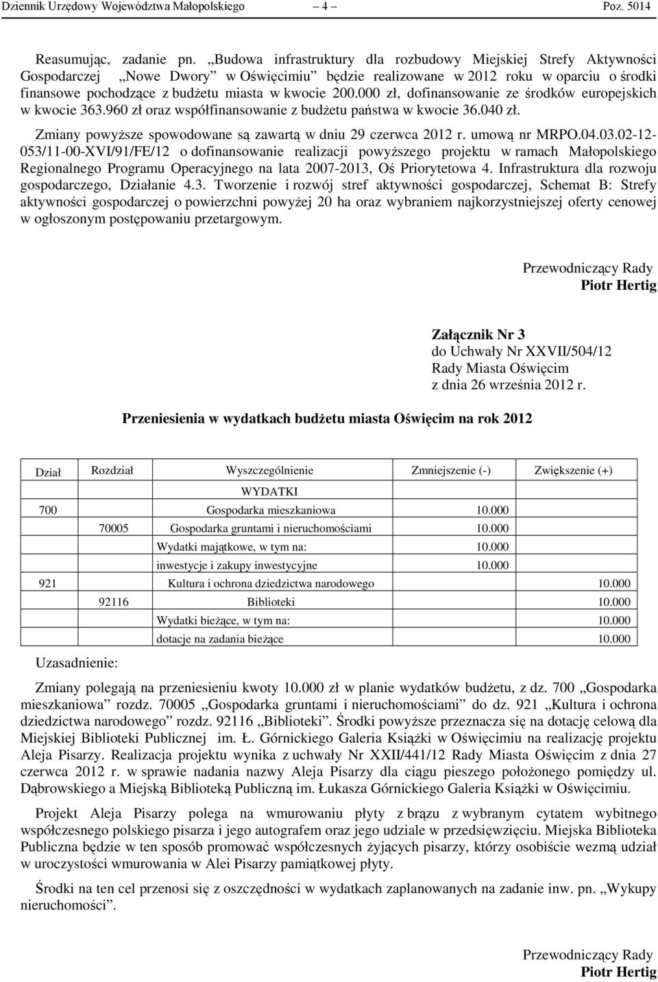 200.000 zł, dofinansowanie ze środków europejskich w kwocie 363.960 zł oraz współfinansowanie z budżetu państwa w kwocie 36.040 zł. Zmiany powyższe spowodowane są zawartą w dniu 29 czerwca 2012 r.