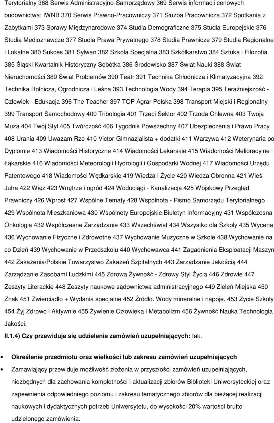 Szkoła Specjalna 383 Szkółkarstwo 384 Sztuka i Filozofia 385 Śląski Kwartalnik Historyczny Sobótka 386 Środowisko 387 Świat Nauki 388 Świat Nieruchomości 389 Świat Problemów 390 Teatr 391 Technika