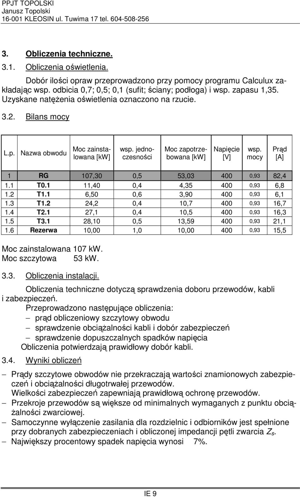 mocy Prąd [A] 1 RG 107,30 0,5 53,03 400 0,93 82,4 1.1 T0.1 11,40 0,4 4,35 400 0,93 6,8 1.2 T1.1 6,50 0,6 3,90 400 0,93 6,1 1.3 T1.2 24,2 0,4 10,7 400 0,93 16,7 1.4 T2.1 27,1 0,4 10,5 400 0,93 16,3 1.