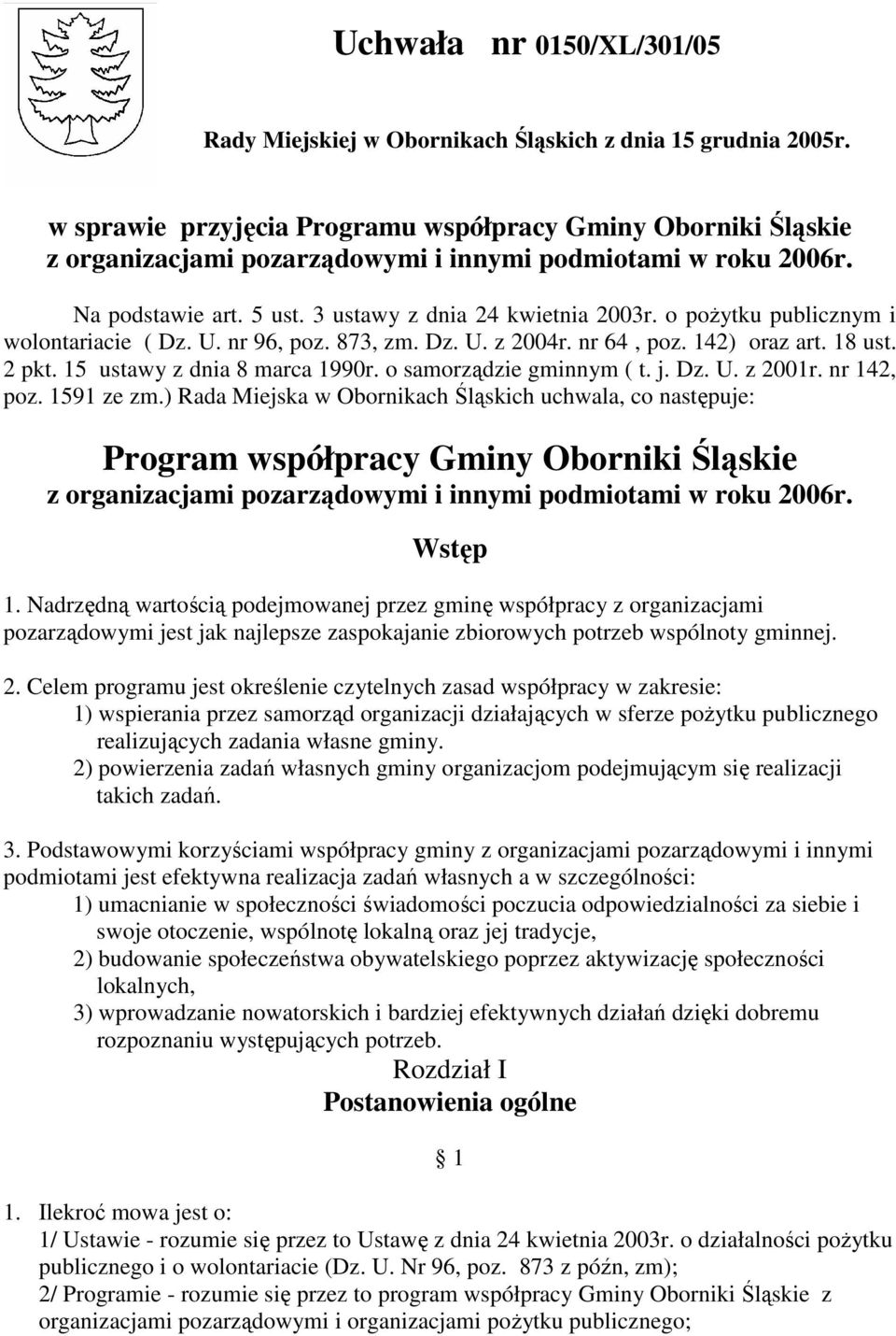 o poŝytku publicznym i wolontariacie ( Dz. U. nr 96, poz. 873, zm. Dz. U. z 2004r. nr 64, poz. 142) oraz art. 18 ust. 2 pkt. 15 ustawy z dnia 8 marca 1990r. o samorządzie gminnym ( t. j. Dz. U. z 2001r.