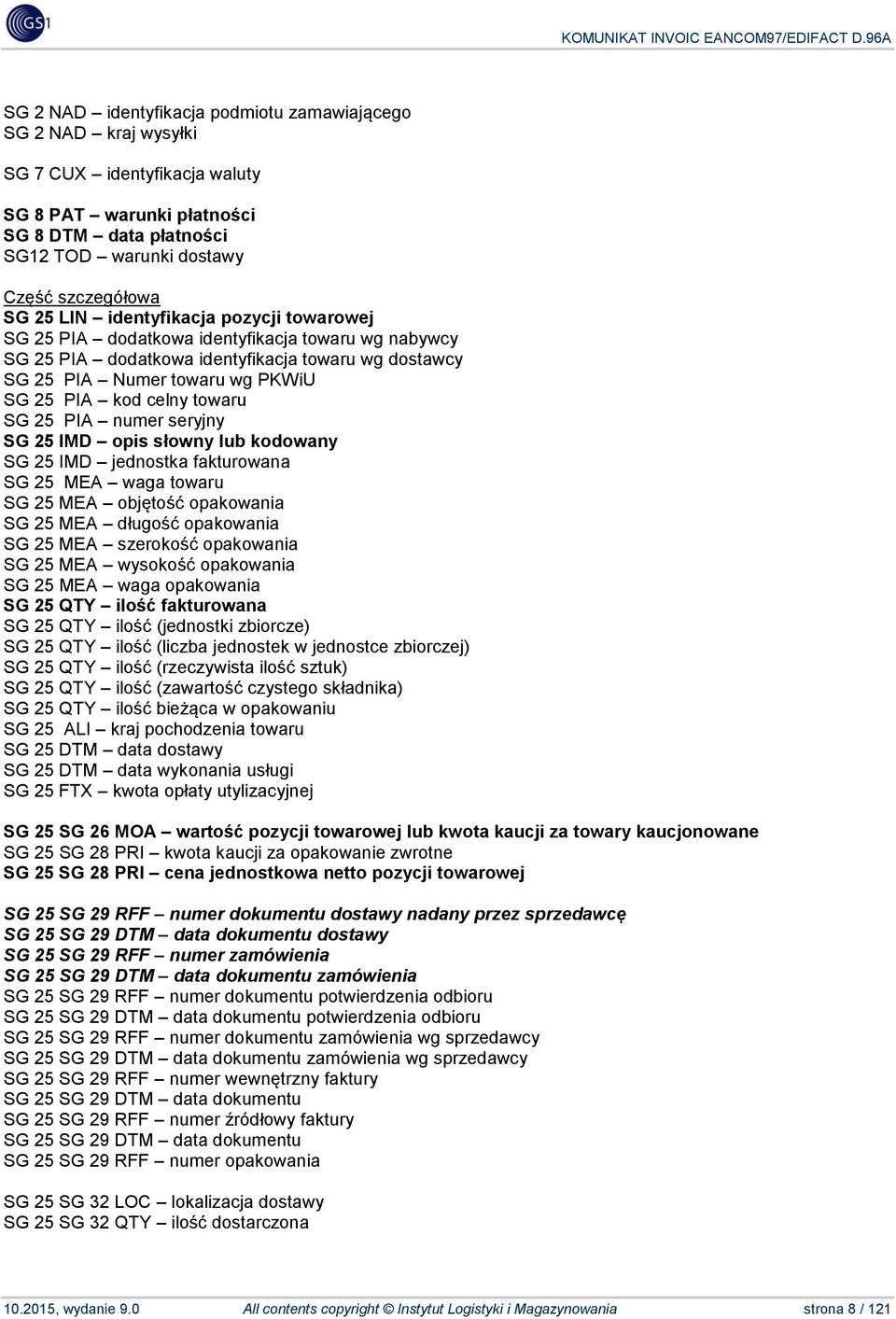 SG 25 PIA numer seryjny SG 25 IMD opis słowny lub kodowany SG 25 IMD jednostka fakturowana SG 25 MEA waga towaru SG 25 MEA objętość opakowania SG 25 MEA długość opakowania SG 25 MEA szerokość