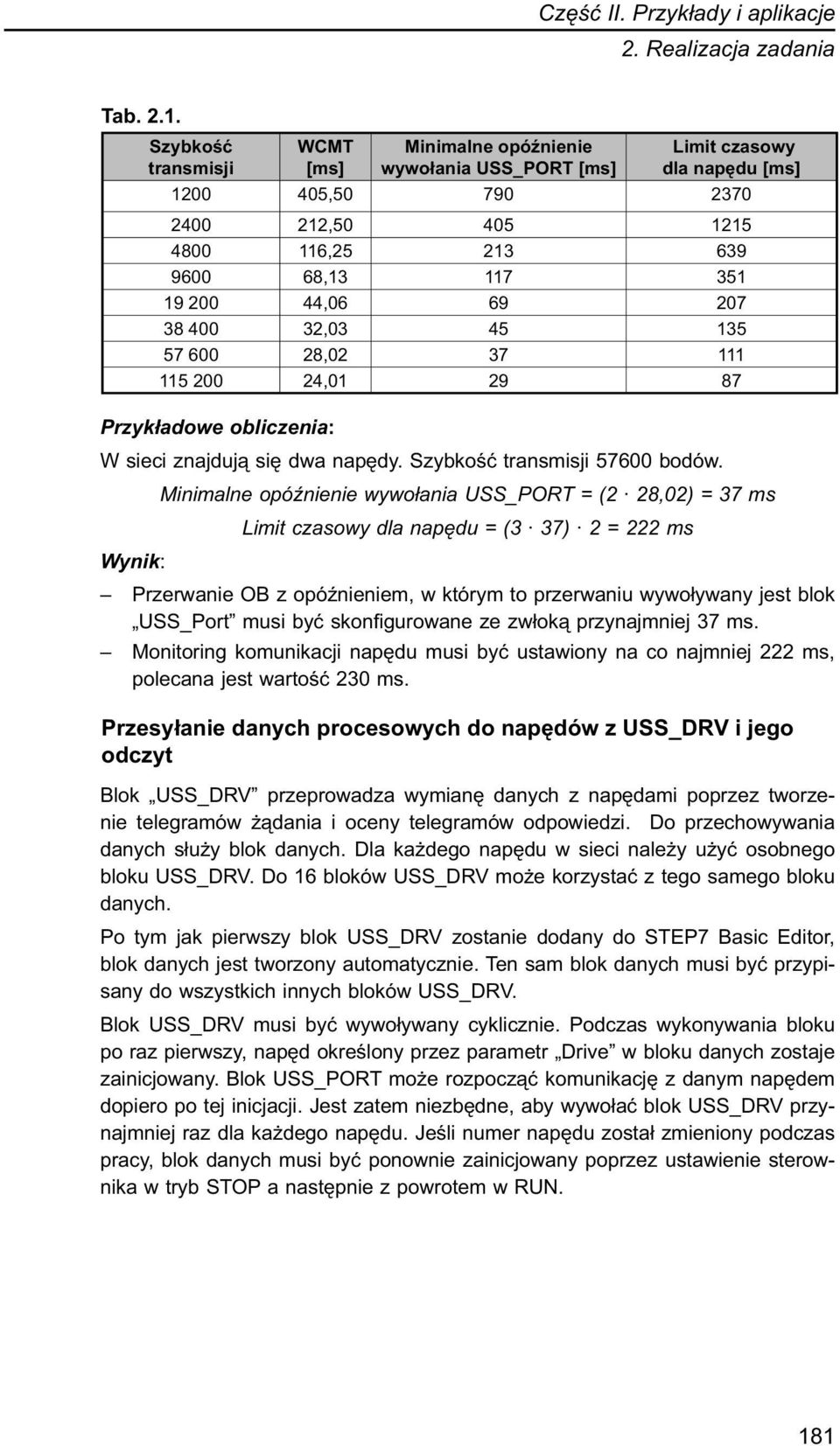 69 207 38 400 32,03 45 135 57 600 28,02 37 111 115 200 24,01 29 87 Przykładowe obliczenia: W sieci znajdują się dwa napędy. Szybkość transmisji 57600 bodów.