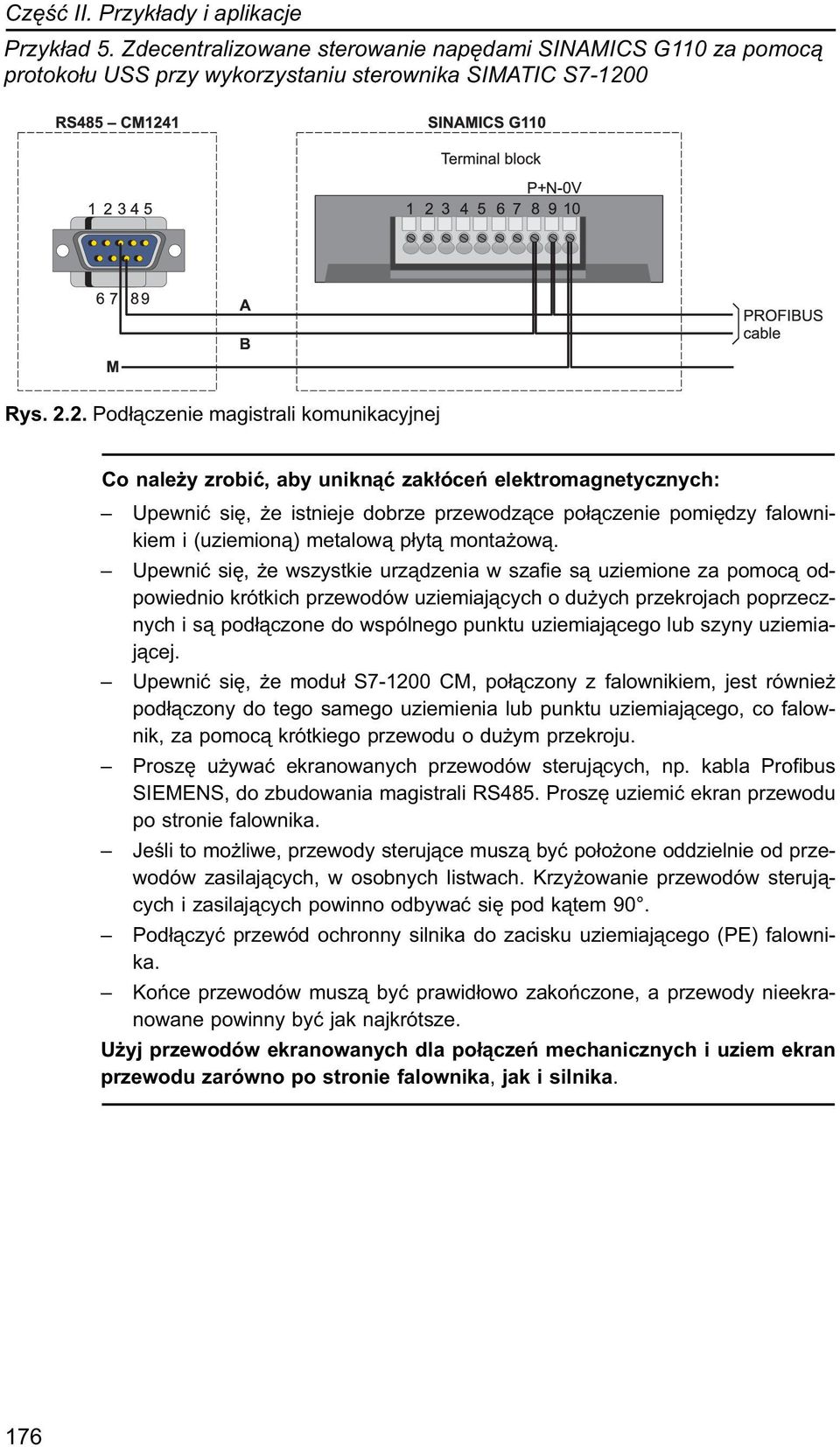 2. Podłączenie magistrali komunikacyjnej Co należy zrobić, aby uniknąć zakłóceń elektromagnetycznych: Upewnić się, że istnieje dobrze przewodzące połączenie pomiędzy falownikiem i (uziemioną)