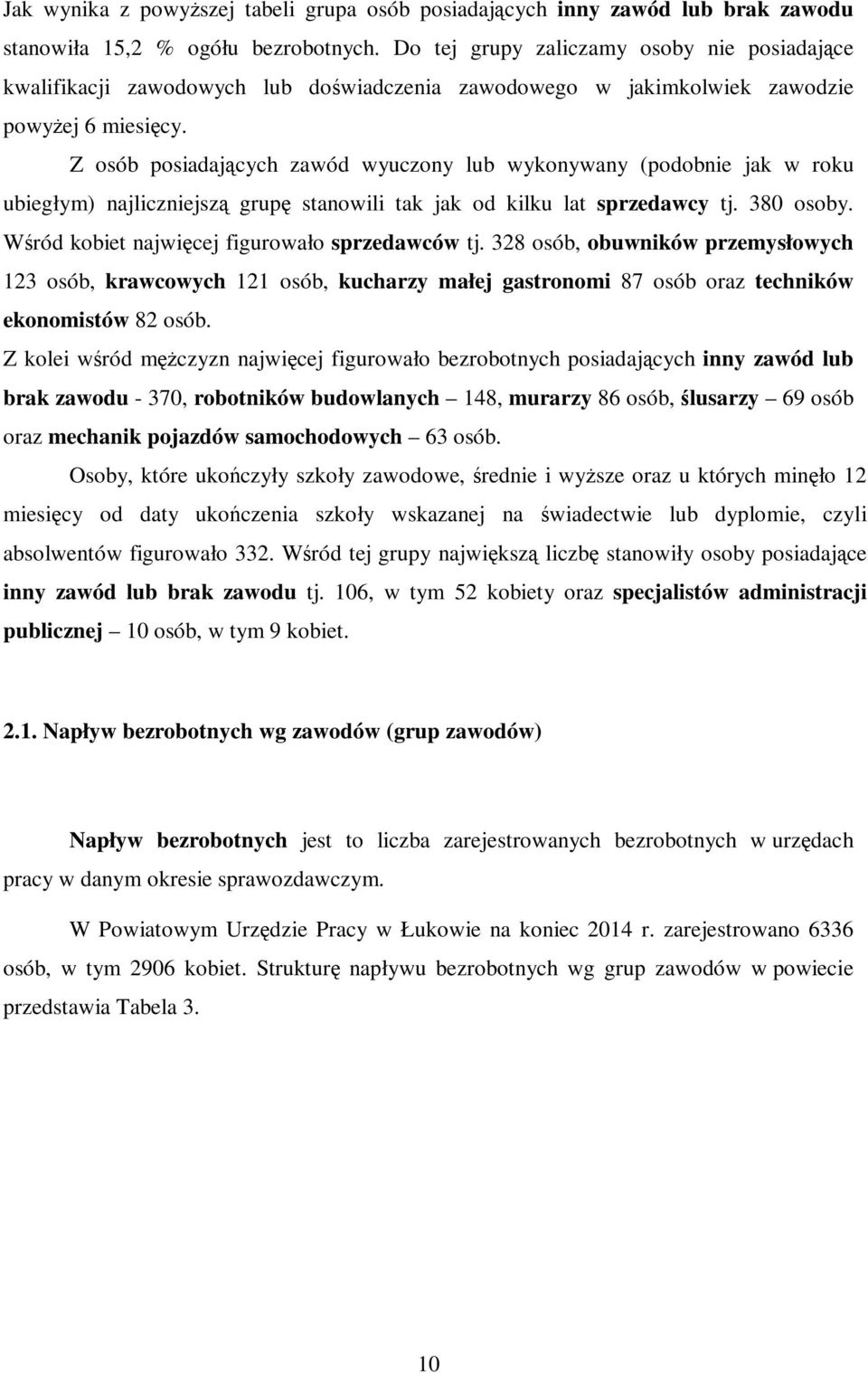 Z osób posiadających zawód wyuczony lub wykonywany (podobnie jak w roku ubiegłym) najliczniejszą grupę stanowili tak jak od kilku lat sprzedawcy tj. 380 osoby.
