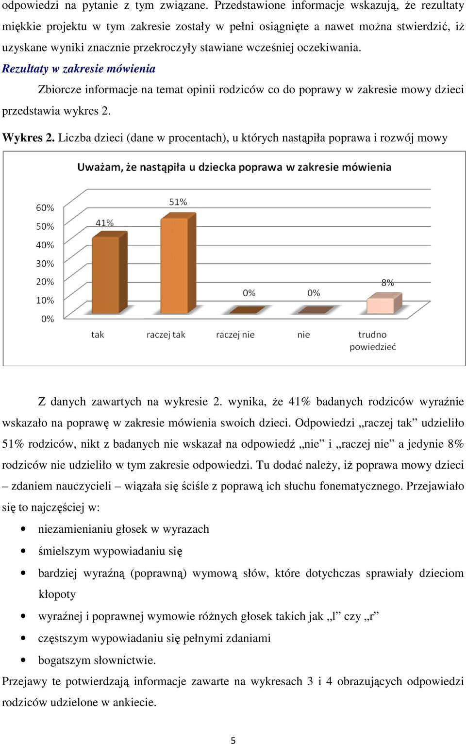 oczekiwania. Rezultaty w zakresie mówienia Zbiorcze informacje na temat opinii rodziców co do poprawy w zakresie mowy dzieci przedstawia wykres 2. Wykres 2.