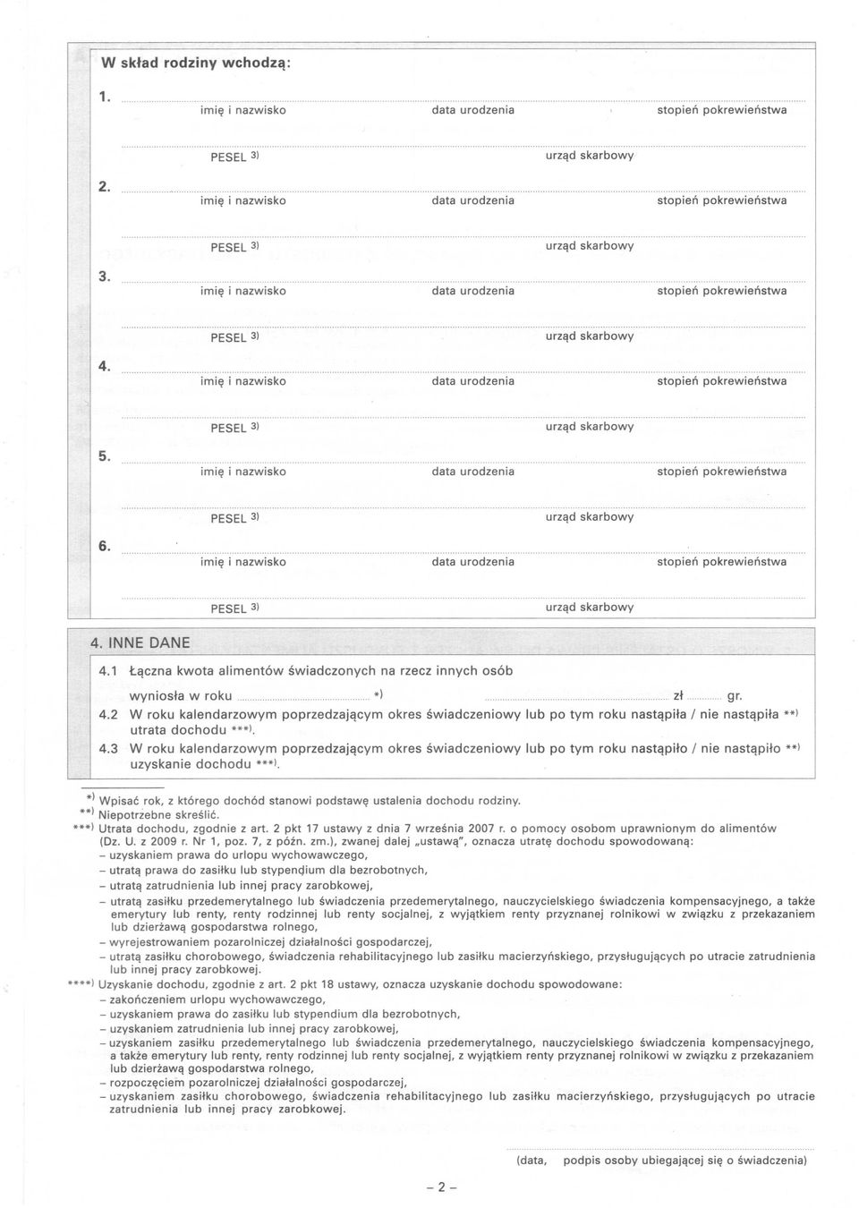 *) Wpisać rok, z którego dochód stanowi podstawę ustalenia dochodu rodziny. **) Niepotrżebne skreślić. ***) Utrata dochodu, zgodnie z art. 2 pkt 17 ustawy z dnia 7 września 2007 r.