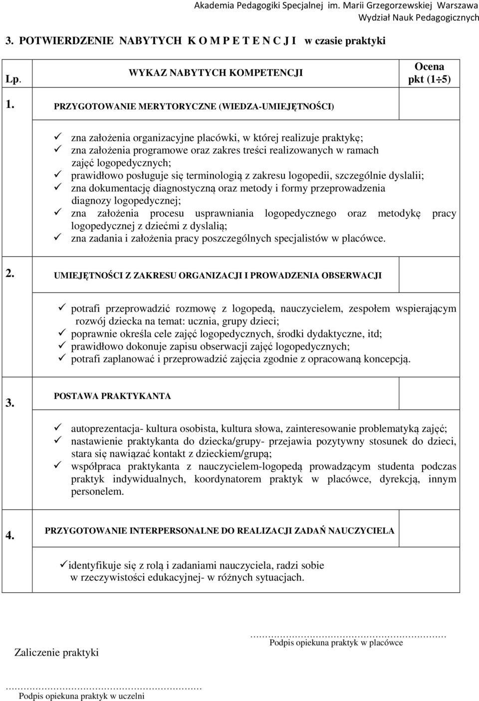 logopedycznych; prawidłowo posługuje się terminologią z zakresu logopedii, szczególnie dyslalii; zna dokumentację diagnostyczną oraz metody i formy przeprowadzenia diagnozy logopedycznej; zna