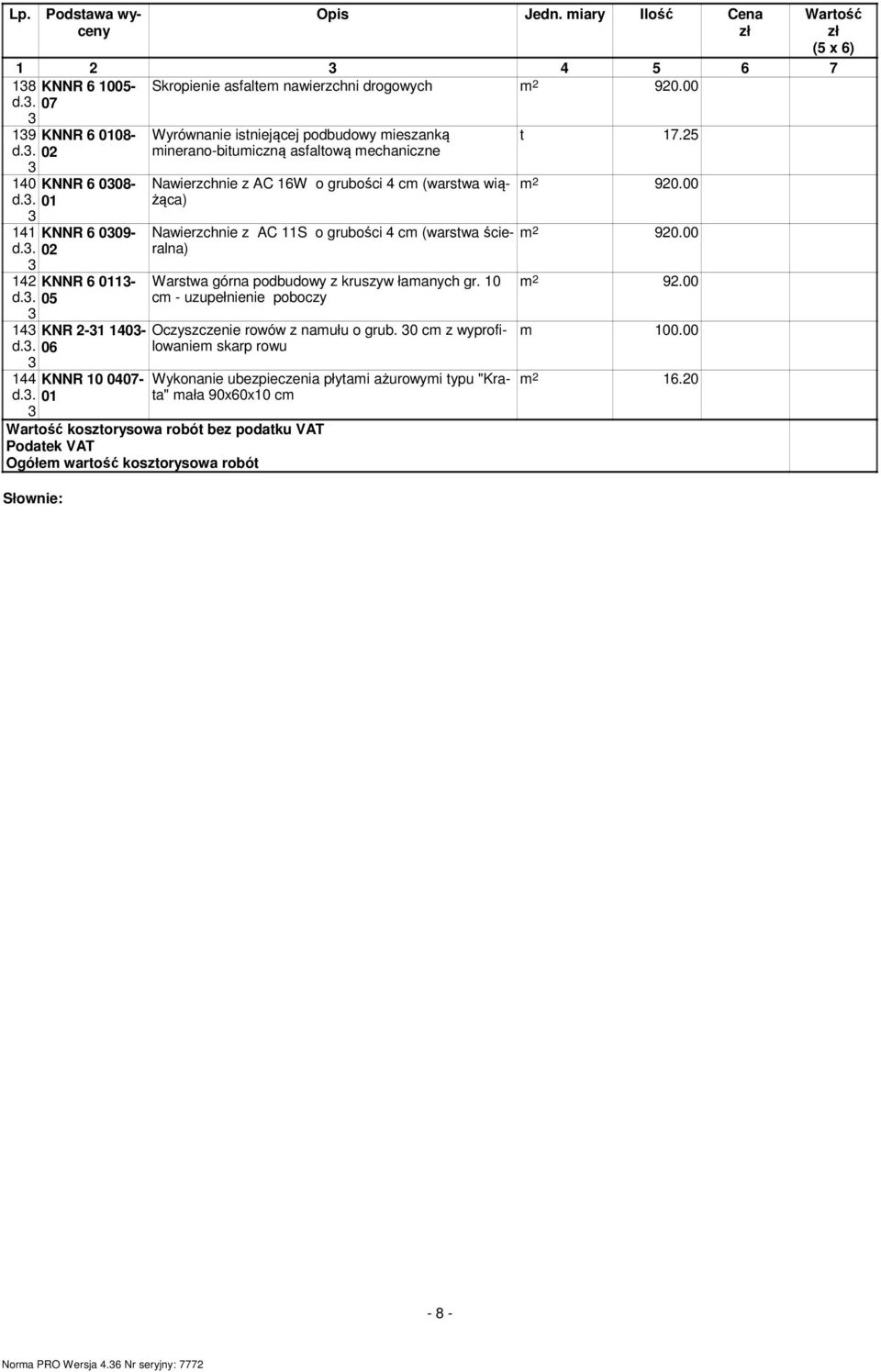 6W o grubości (warstwa wiążąca) Nawierzchnie z AC S o grubości (warstwa ścieralna) Warstwa górna podbudowy z kruszyw łamanych gr.