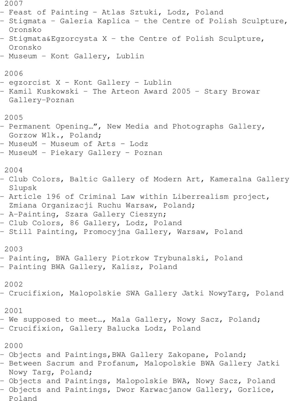 , ; - MuseuM - Museum of Arts Lodz - MuseuM - Piekary Gallery Poznan 2004 - Club Colors, Baltic Gallery of Modern Art, Kameralna Gallery Slupsk - Article 196 of Criminal Law within Liberrealism