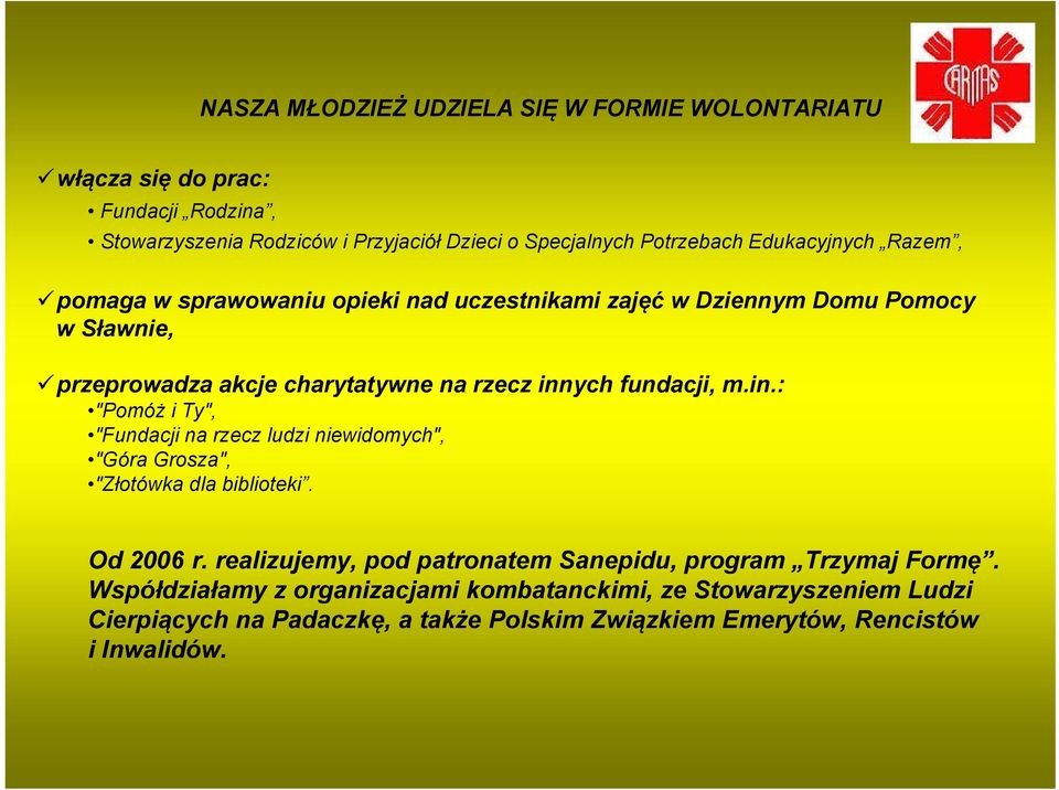 fundacji, m.in.: "Pomóż i Ty", "Fundacji na rzecz ludzi niewidomych", "Góra Grosza", "Złotówka dla biblioteki. Od 2006 r.