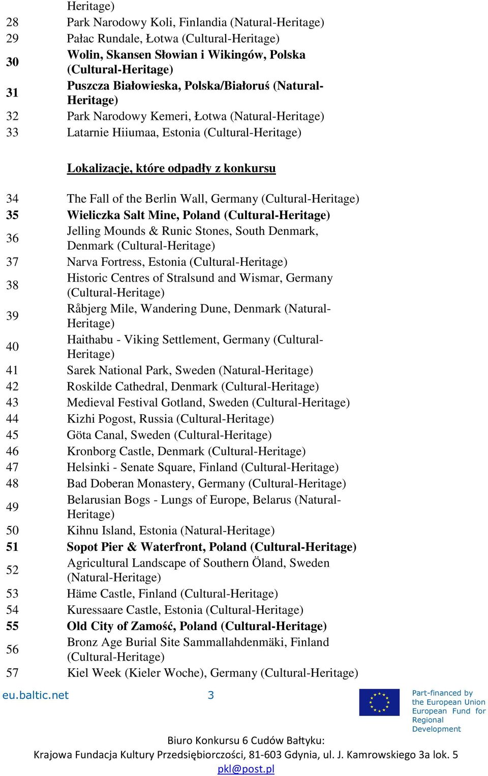 (Cultural- 36 Jelling Mounds & Runic Stones, South Denmark, Denmark (Cultural- 37 Narva Fortress, Estonia (Cultural- 38 Historic Centres of Stralsund and Wismar, Germany (Cultural- 39 Råbjerg Mile,