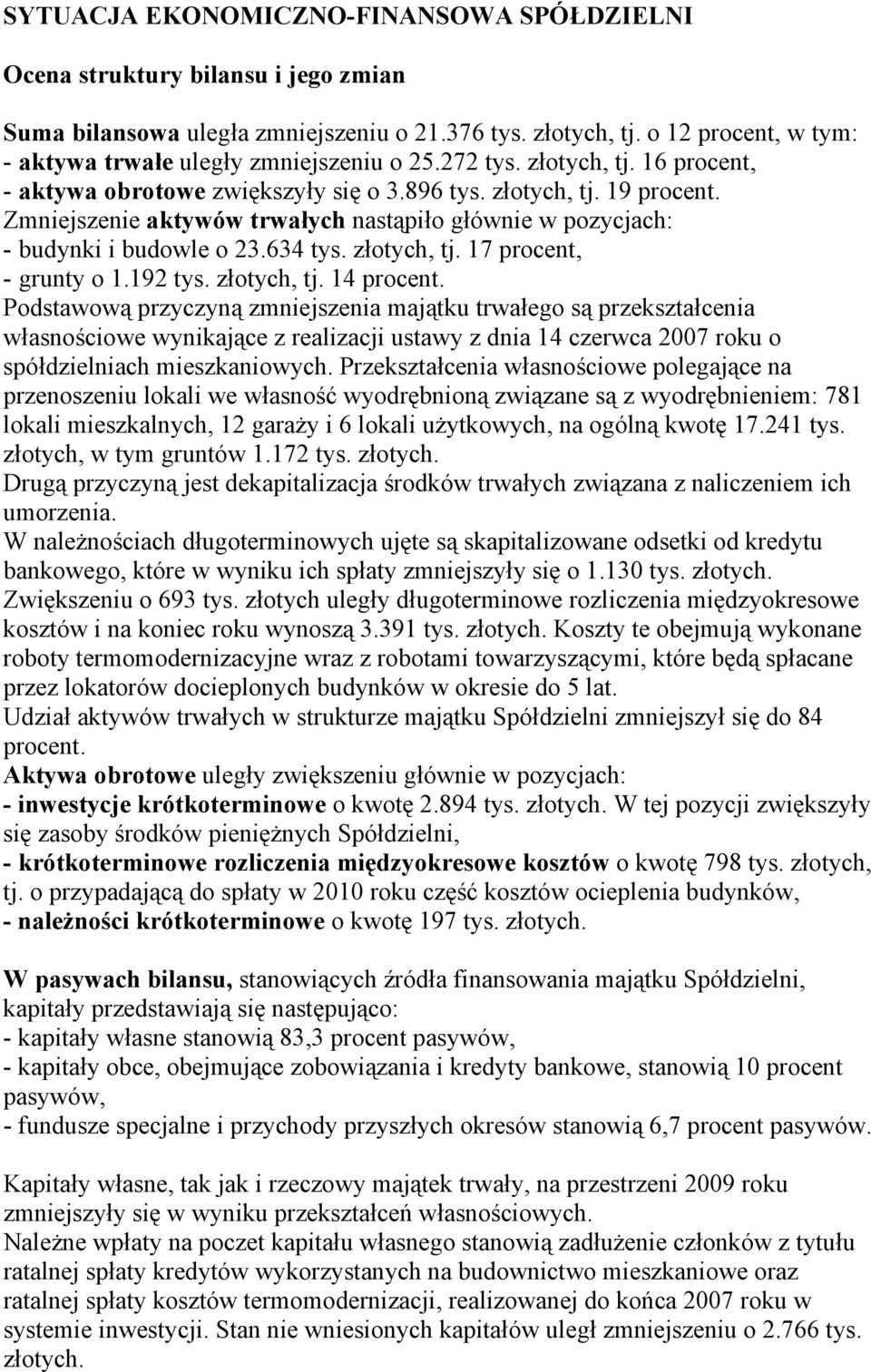 Zmniejszenie aktywów trwałych nastąpiło głównie w pozycjach: budynki i budowle o 23.634 tys. złotych, tj. 17 procent, grunty o 1.192 tys. złotych, tj. 14 procent.