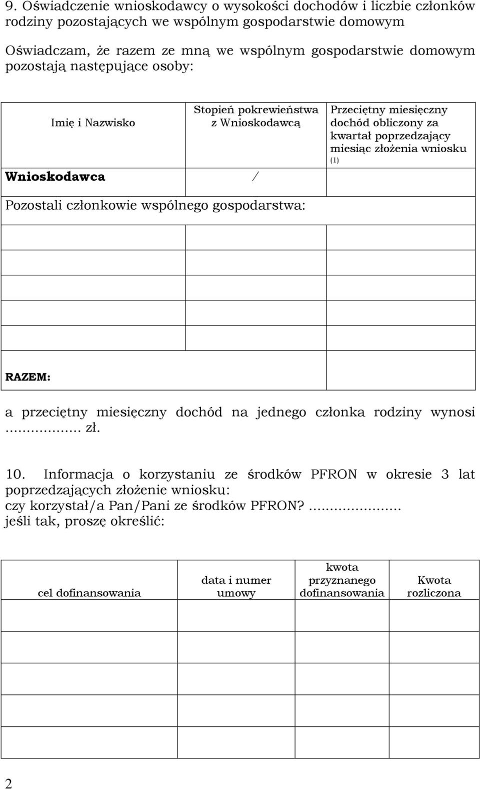 Pozostali członkowie wspólnego gospodarstwa: RAZEM: a przeciętny miesięczny dochód na jednego członka rodziny wynosi... zł. 10.