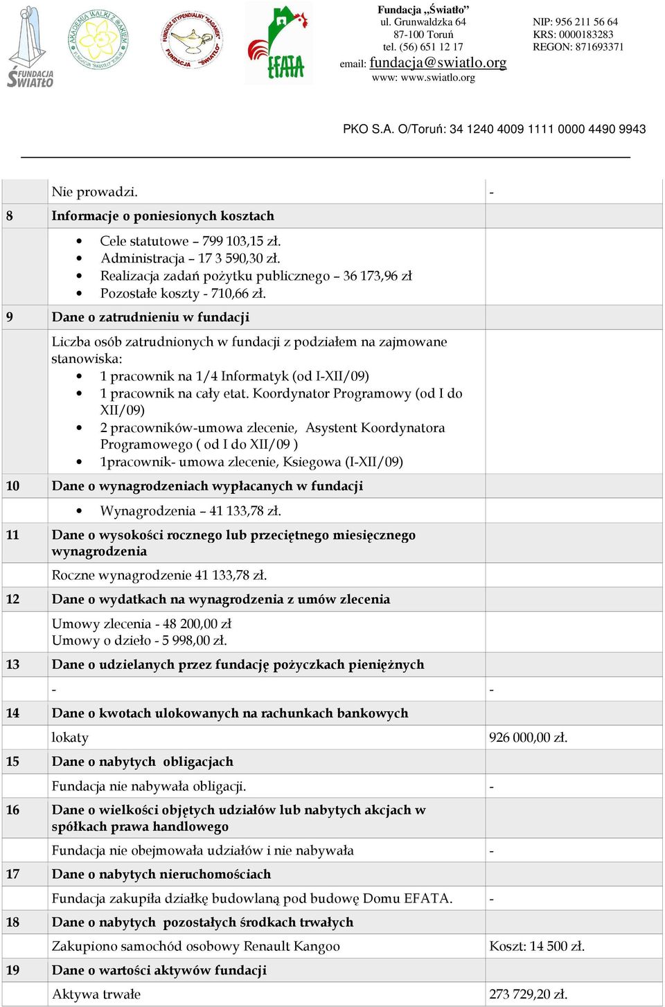 Koordynator Programowy (od I do XII/09) 2 pracowników-umowa zlecenie, Asystent Koordynatora Programowego ( od I do XII/09 ) 1pracownik- umowa zlecenie, Ksiegowa (I-XII/09) 10 Dane o wynagrodzeniach