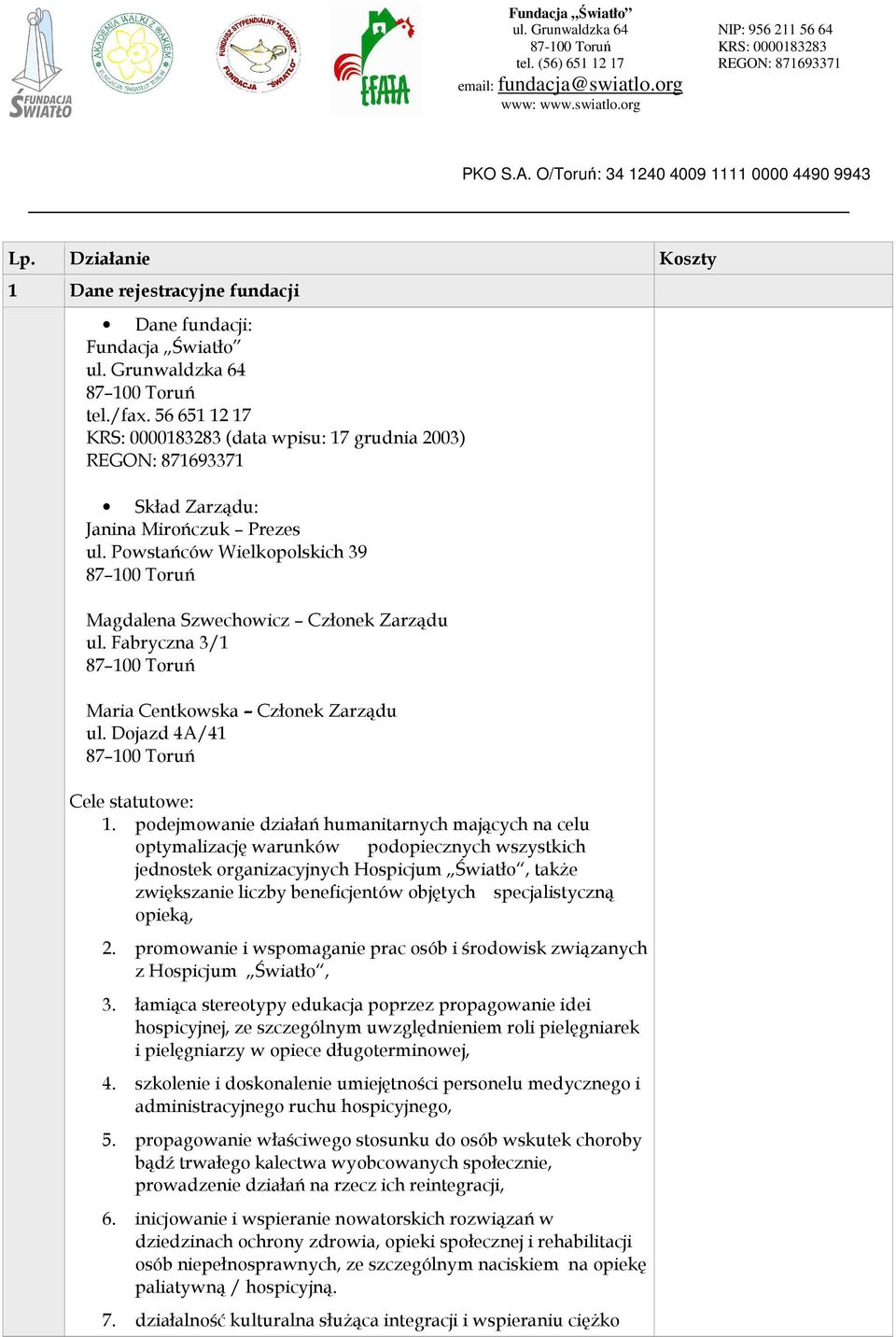 podejmowanie działań humanitarnych mających na celu optymalizację warunków podopiecznych wszystkich jednostek organizacyjnych Hospicjum Światło, także zwiększanie liczby beneficjentów objętych