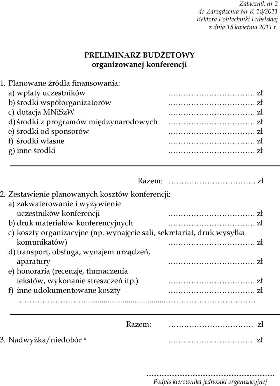 środki Razem: 2. Zestawienie planowanych kosztów konferencji: a) zakwaterowanie i wyżywienie uczestników konferencji b) druk materiałów konferencyjnych c) koszty organizacyjne (np.