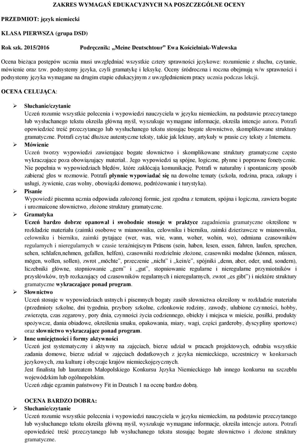 podsystemy języka, czyli gramatykę i leksykę. Oceny śródroczna i roczna obejmują w/w sprawności i podsystemy języka wymagane na drugim etapie edukacyjnym z uwzględnieniem pracy ucznia podczas lekcji.