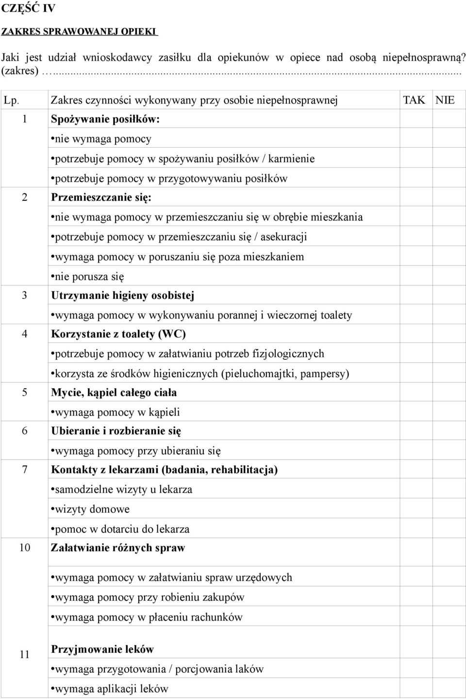 posiłków 2 Przemieszczanie się: nie wymaga pomocy w przemieszczaniu się w obrębie mieszkania potrzebuje pomocy w przemieszczaniu się / asekuracji wymaga pomocy w poruszaniu się poza mieszkaniem nie