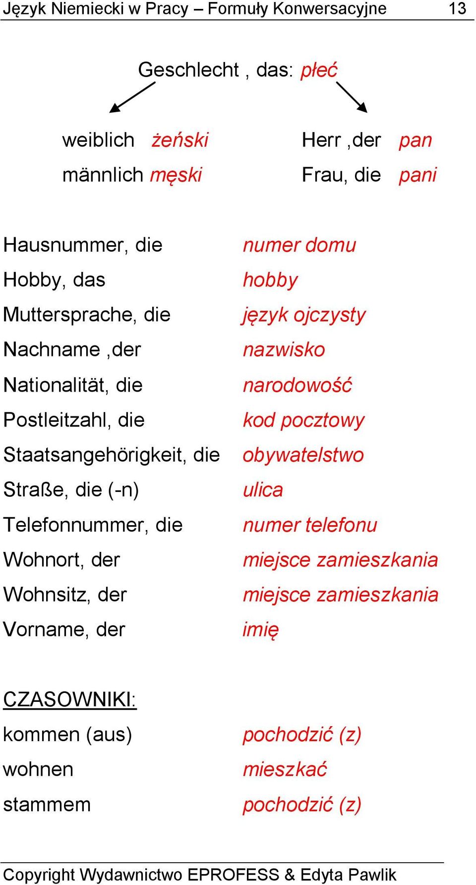 Telefonnummer, die Wohnort, der Wohnsitz, der Vorname, der numer domu hobby język ojczysty nazwisko narodowość kod pocztowy obywatelstwo