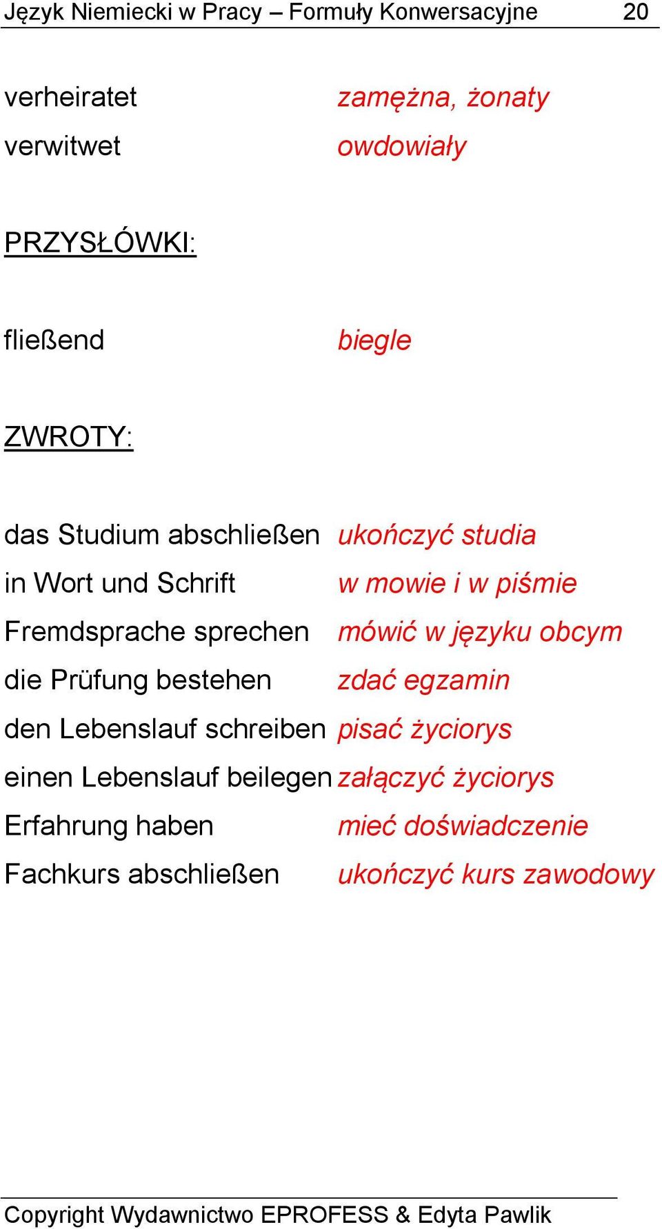 Fremdsprache sprechen mówić w języku obcym die Prüfung bestehen zdać egzamin den Lebenslauf schreiben pisać