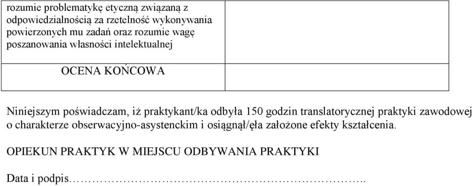 praktykant/ka odbyła 150 godzin translatorycznej praktyki zawodowej o charakterze