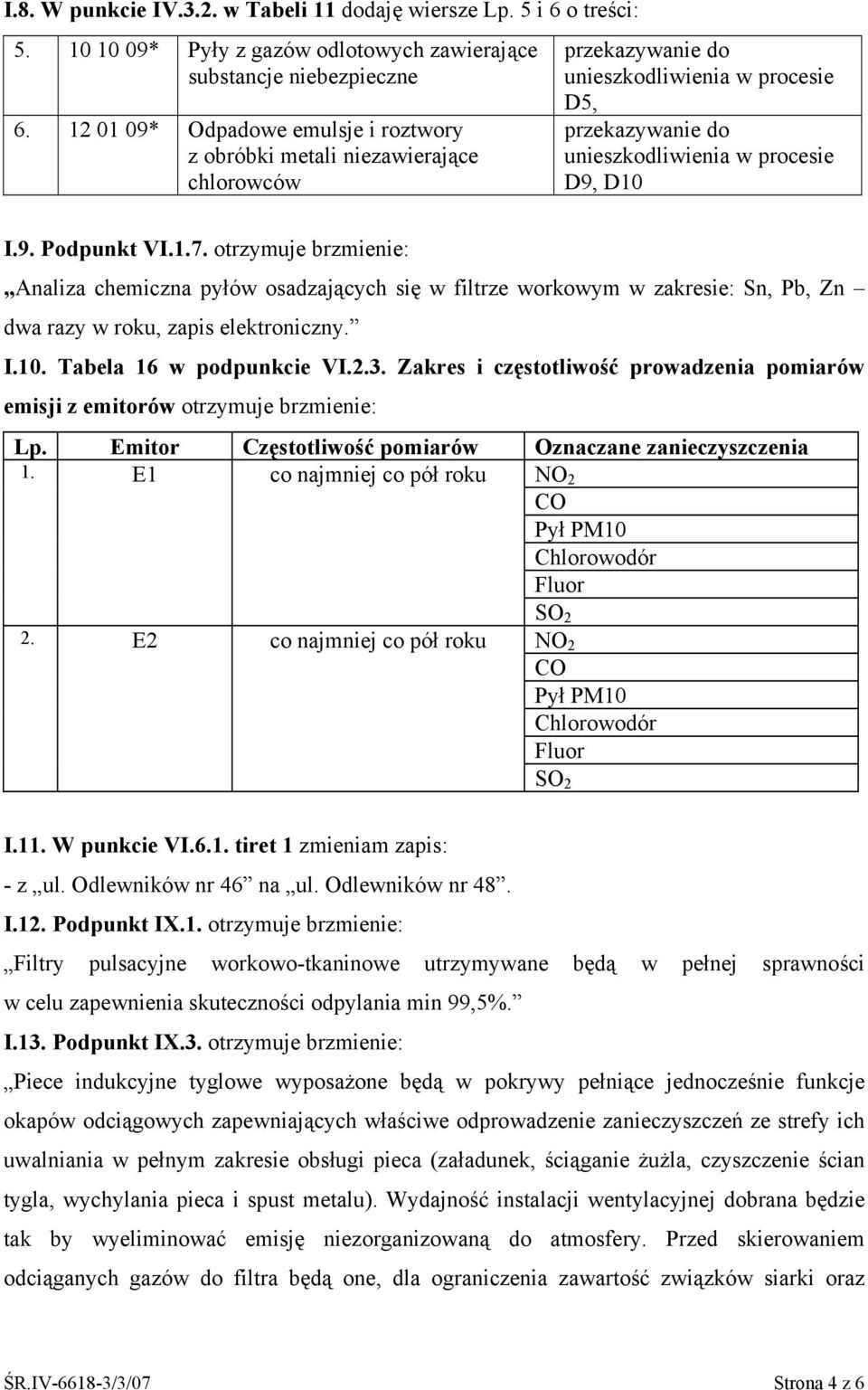 1.7. otrzymuje brzmienie: Analiza chemiczna pyłów osadzających się w filtrze workowym w zakresie: Sn, Pb, Zn dwa razy w roku, zapis elektroniczny. I.10. Tabela 16 w podpunkcie VI.2.3.