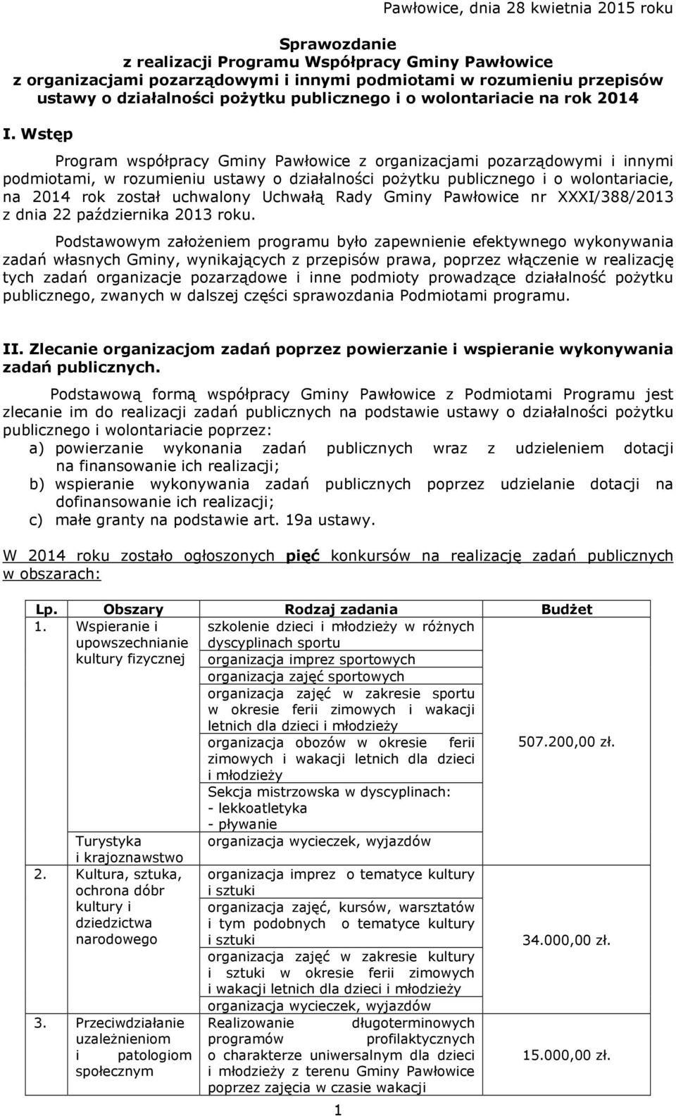 Wstęp Program współpracy Gminy Pawłowice z organizacjami pozarządowymi i innymi podmiotami, w rozumieniu ustawy o działalności pożytku publicznego i o wolontariacie, na 2014 rok został uchwalony