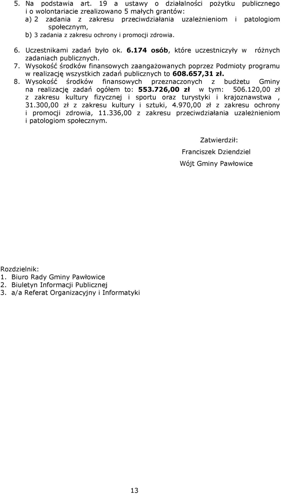 ochrony i promocji zdrowia. 6. Uczestnikami zadań było ok. 6.174 osób, które uczestniczyły w różnych zadaniach publicznych. 7.