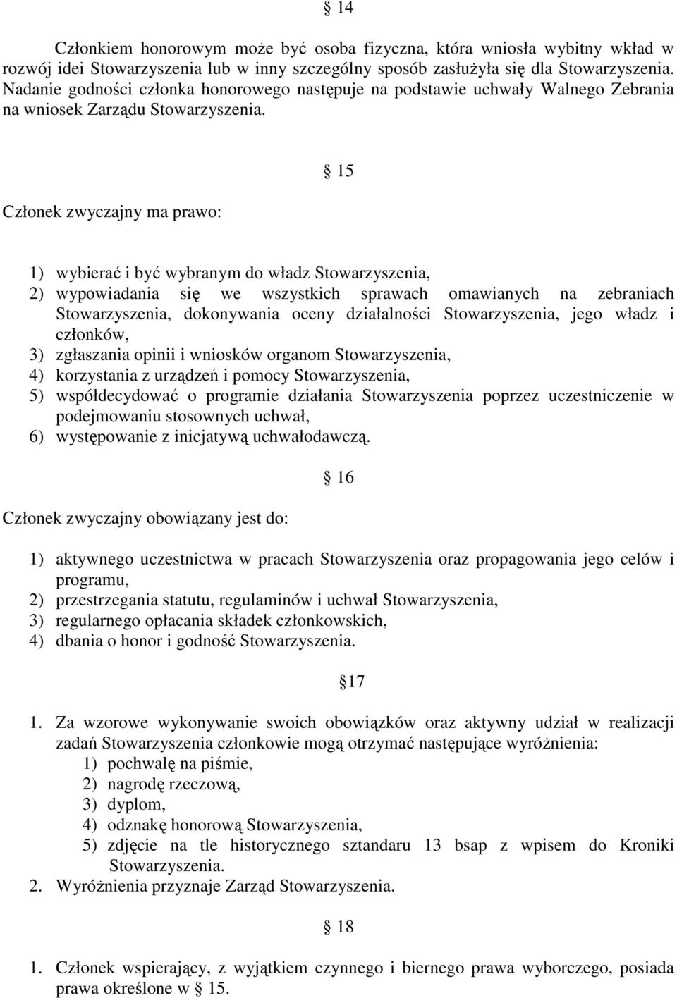 Członek zwyczajny ma prawo: 15 1) wybierać i być wybranym do władz Stowarzyszenia, 2) wypowiadania się we wszystkich sprawach omawianych na zebraniach Stowarzyszenia, dokonywania oceny działalności