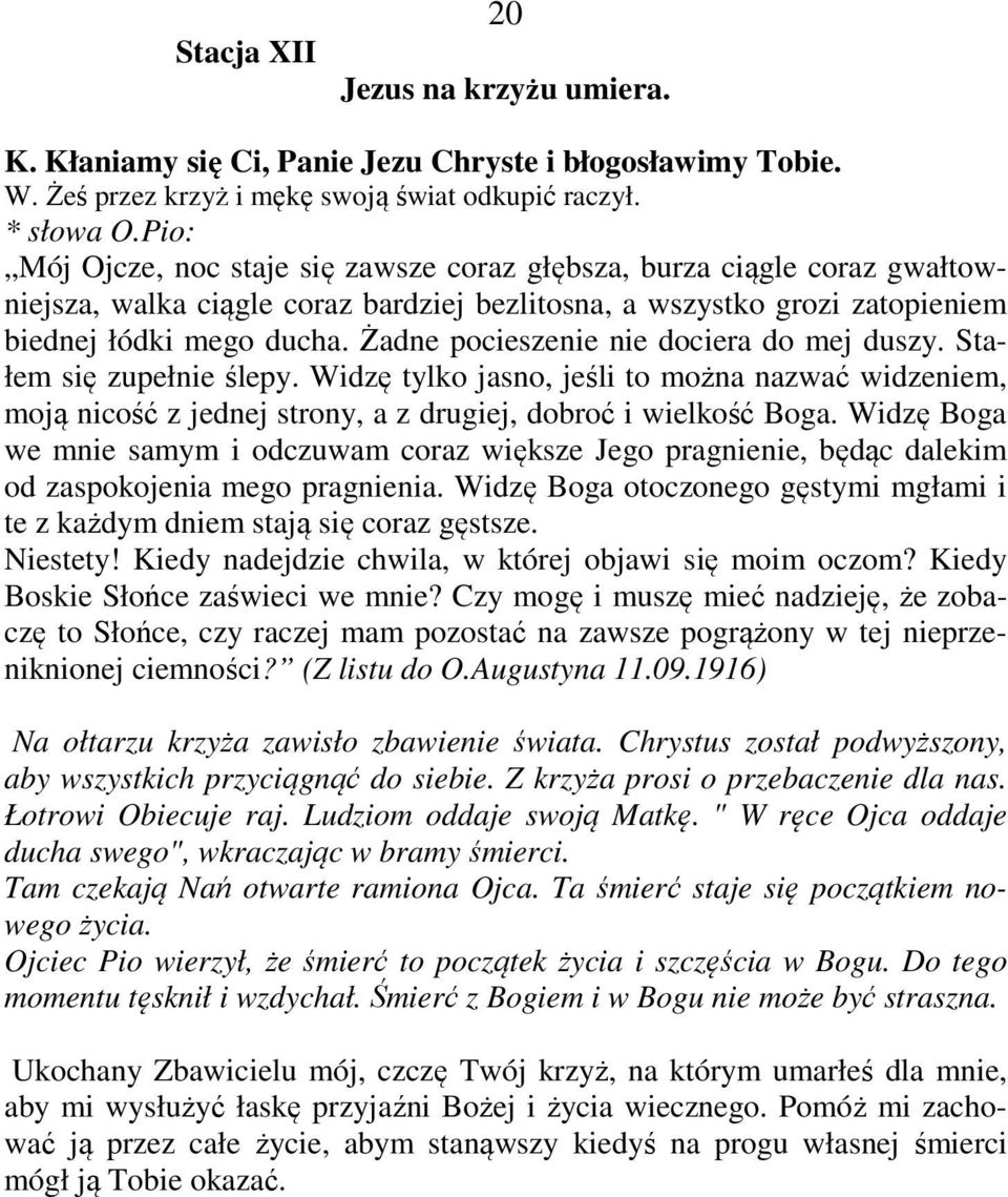 Żadne pocieszenie nie dociera do mej duszy. Stałem się zupełnie ślepy. Widzę tylko jasno, jeśli to można nazwać widzeniem, moją nicość z jednej strony, a z drugiej, dobroć i wielkość Boga.