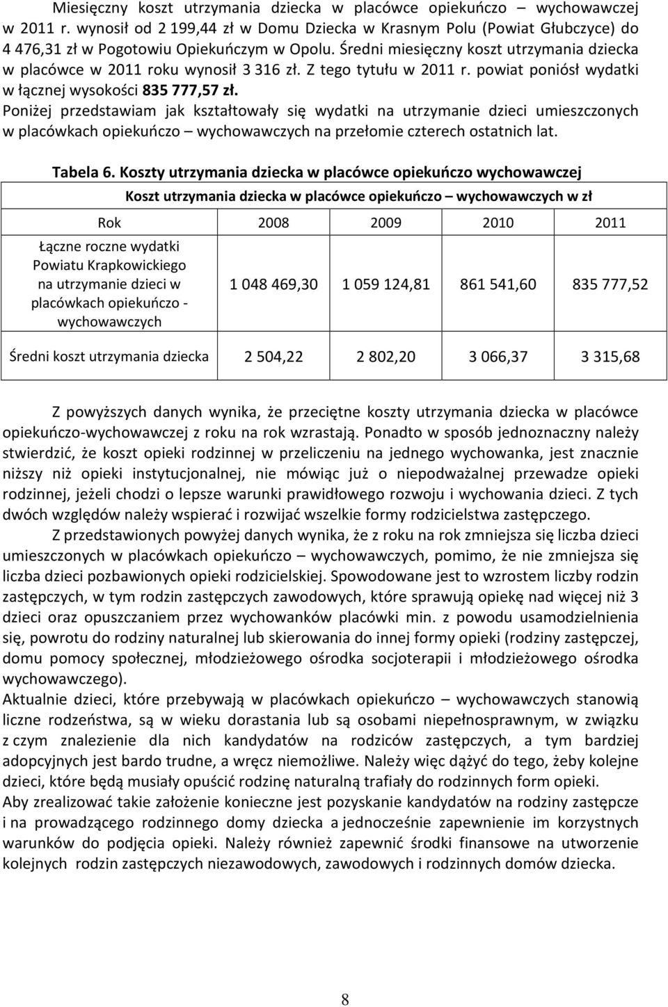 Poniżej przedstawiam jak kształtowały się wydatki na utrzymanie dzieci umieszczonych w placówkach opiekuńczo wychowawczych na przełomie czterech ostatnich lat. Tabela 6.