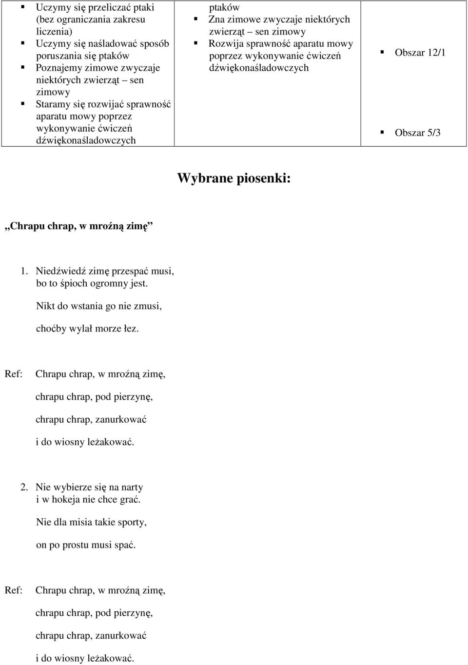 dźwiękonaśladowczych Obszar 12/1 Obszar 5/3 Wybrane piosenki:,,chrapu chrap, w mroźną zimę 1. Niedźwiedź zimę przespać musi, bo to śpioch ogromny jest.