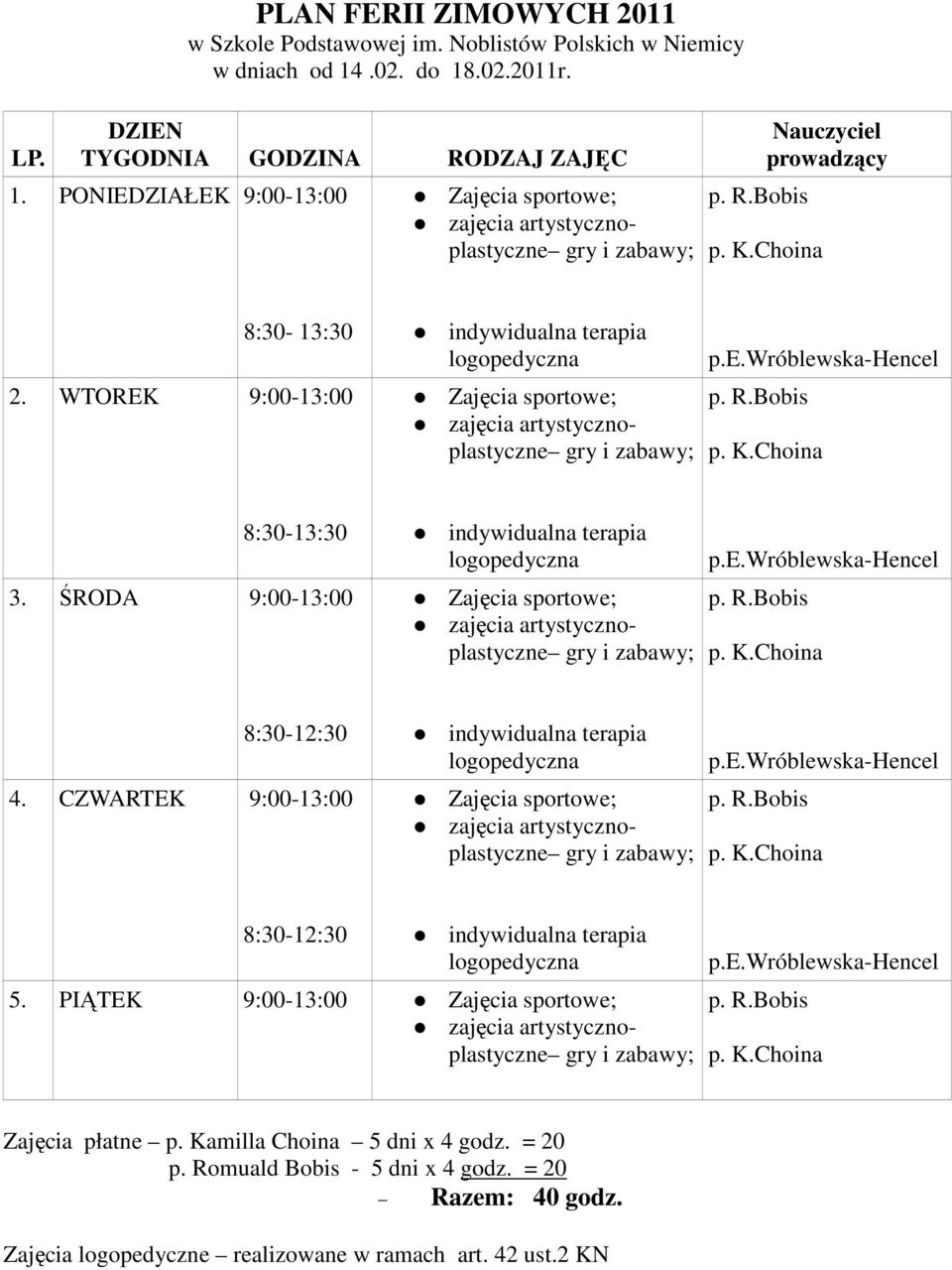 WTOREK 9:00-13:00 8:30-13:30 3. ŚRODA 9:00-13:00 8:30-12:30 4. CZWARTEK 9:00-13:00 8:30-12:30 5.