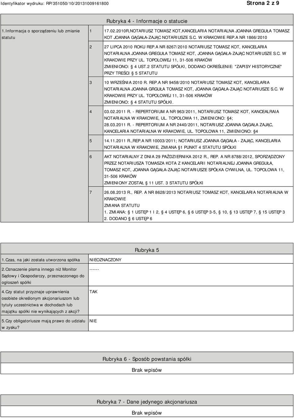 A NR 8267/2010 NOTARIUSZ TOMASZ KOT, KANCELARIA NOTARIALNA JOANNA GREGUŁA TOMASZ KOT, JOANNA GĄGAŁA-ZAJĄC NOTARIUSZE S.C. W KRAKOWIE PRZY UL. TOPOLOWEJ 11, 31-506 KRAKÓW ZMIENIONO: 4 UST.