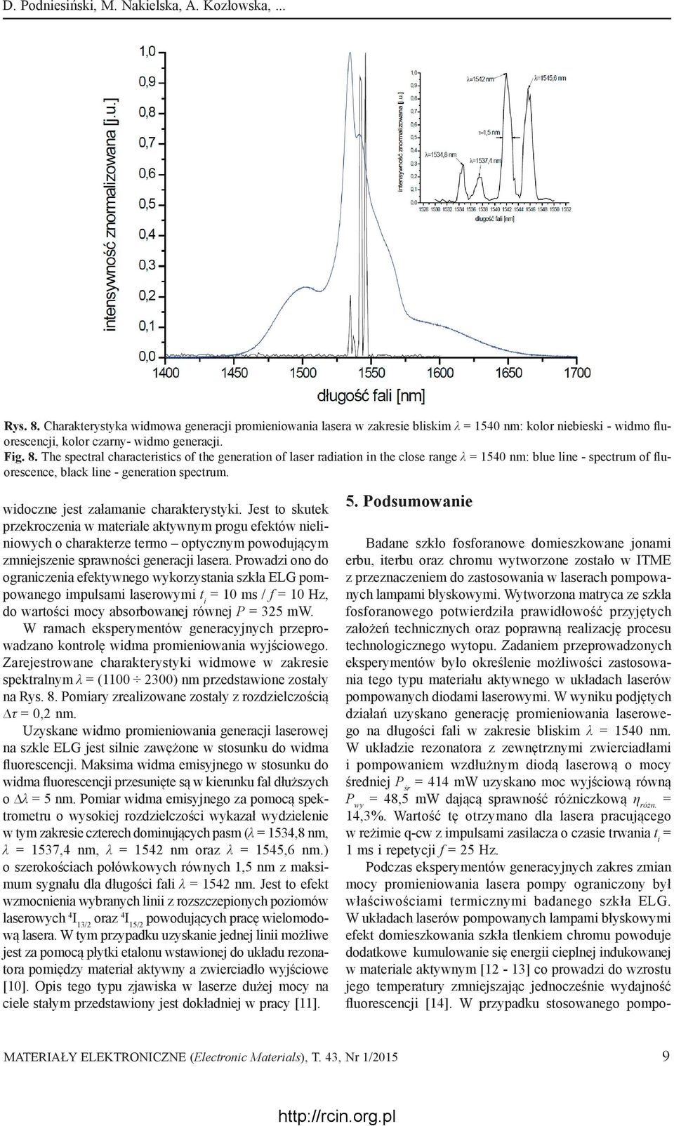 The spectral characteristics of the generation of laser radiation in the close range λ = 1540 nm: blue line - spectrum of fluorescence, black line - generation spectrum.
