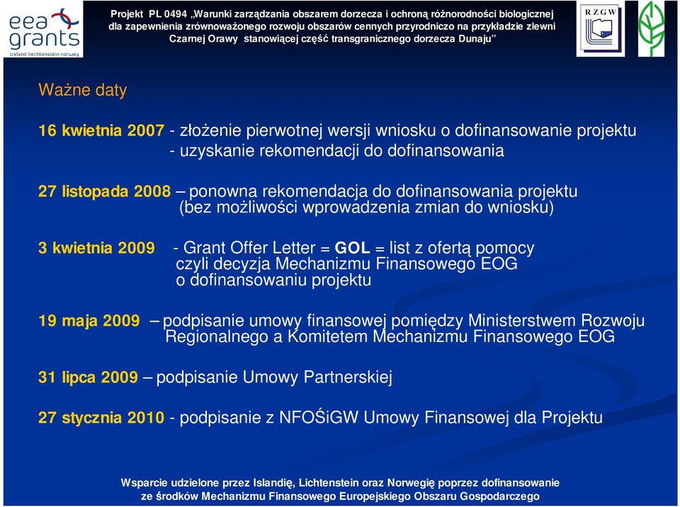 pomocy czyli decyzja Mechanizmu Finansowego EOG o dofinansowaniu projektu 19 maja 2009 podpisanie umowy finansowej pomiędzy Ministerstwem Rozwoju