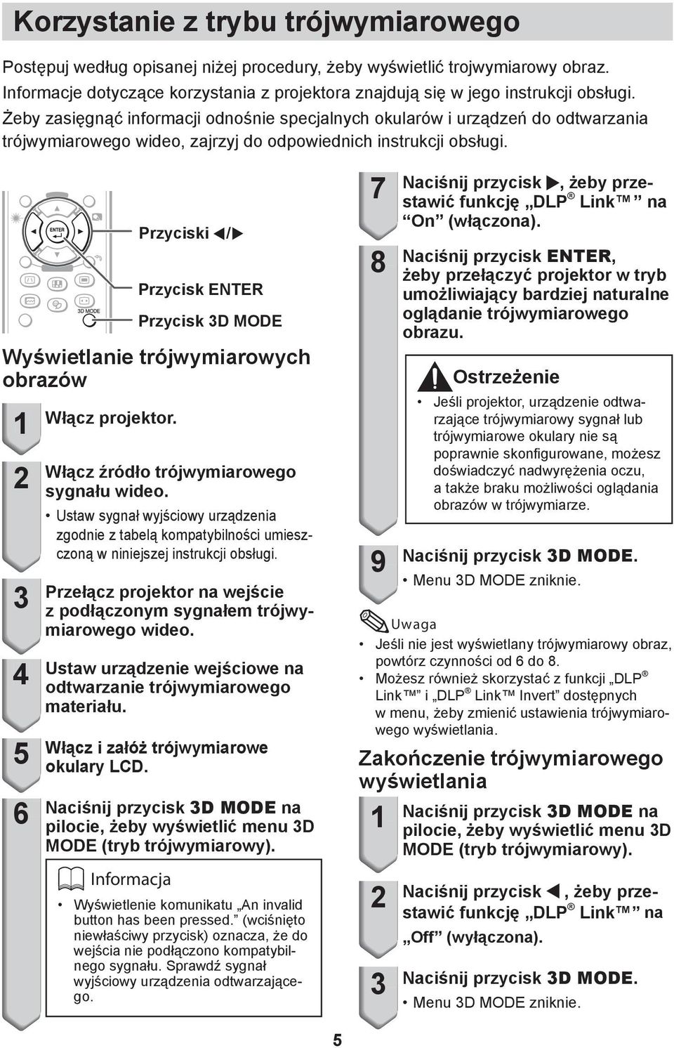 Przyciski / Przycisk ENTER Przycisk 3D MODE Wyświetlanie trójwymiarowych obrazów 1 2 3 4 5 6 Włącz projektor. Włącz źródło trójwymiarowego sygnału wideo.