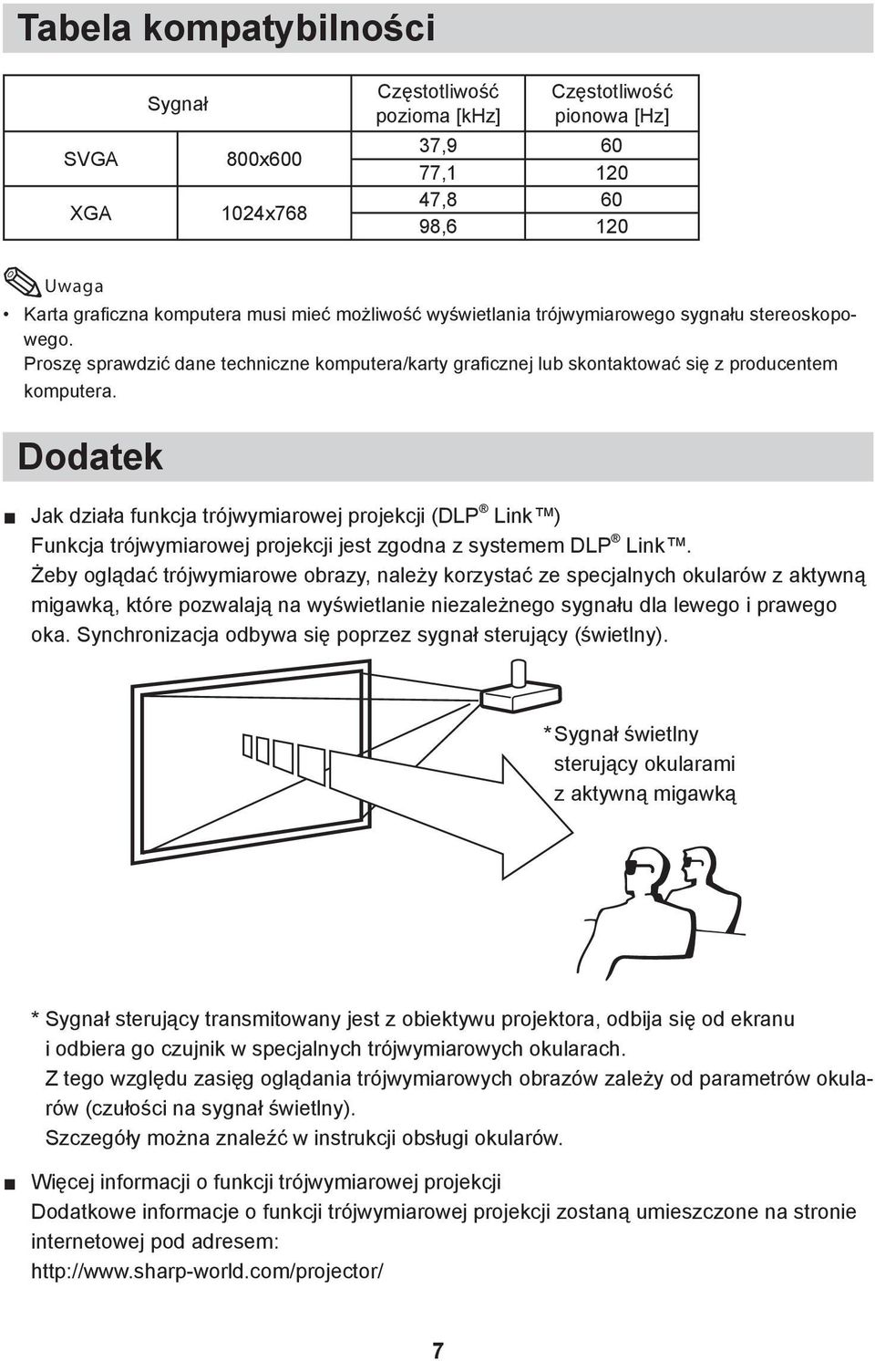 Dodatek Jak działa funkcja trójwymiarowej projekcji (DLP Link ) Funkcja trójwymiarowej projekcji jest zgodna z systemem DLP Link.